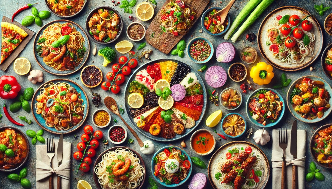 A vibrant display of Asian, Italian, and Indian cuisine beautifully presented on plates, showcasing colorful ingredients.