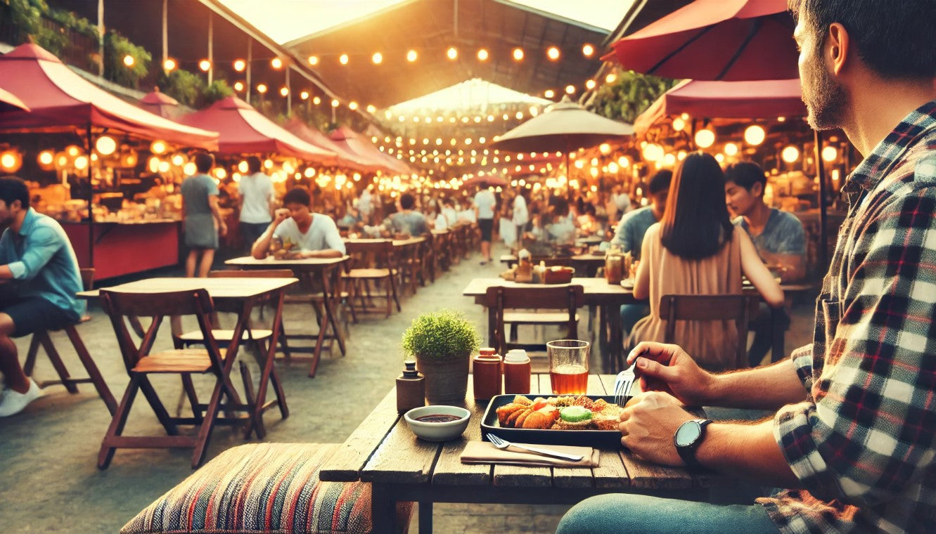 A lively scene at a bustling food market in Auckland, showcasing a variety of affordable food options and diners enjoying their meals.