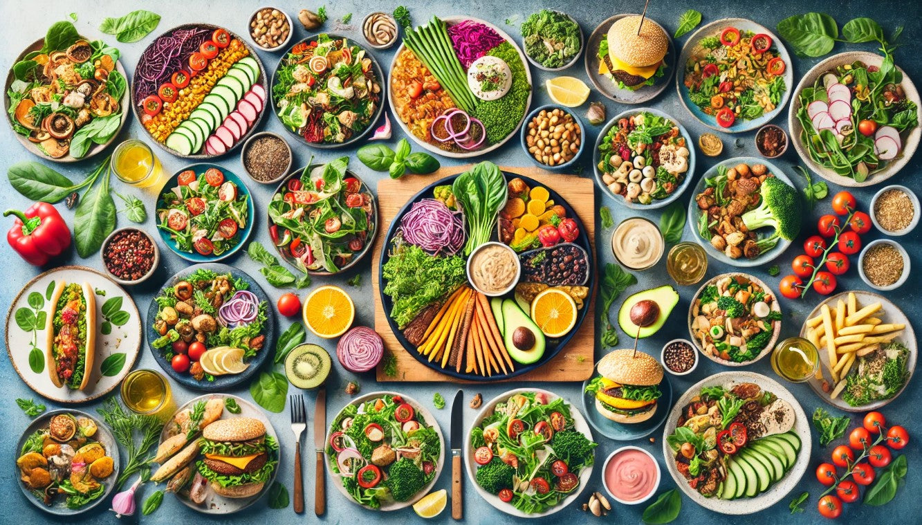 A vibrant display of vegetarian dishes from various Auckland restaurants, featuring fresh ingredients and colorful presentations.