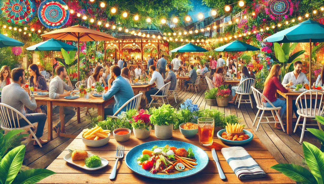 A vibrant dining scene showcasing various restaurants in Auckland with people enjoying their meals.